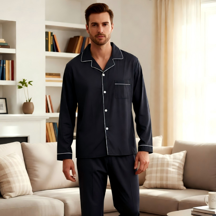 Conjunto Pijama Masculino Longo com Botões e Bolso - Roupa de Dormir Confortável, Estilo Moderno e Elegante