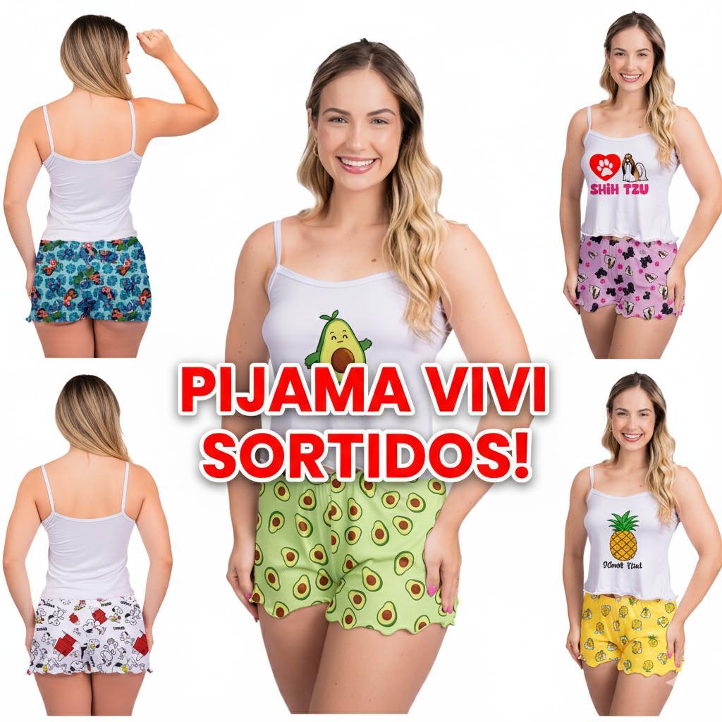 PIJAMA VIVI SORTIDO E PLUS DE ALÇA PARA O VERÃO EM SUEDE PREMIUM ESTAMPAS VARIADAS