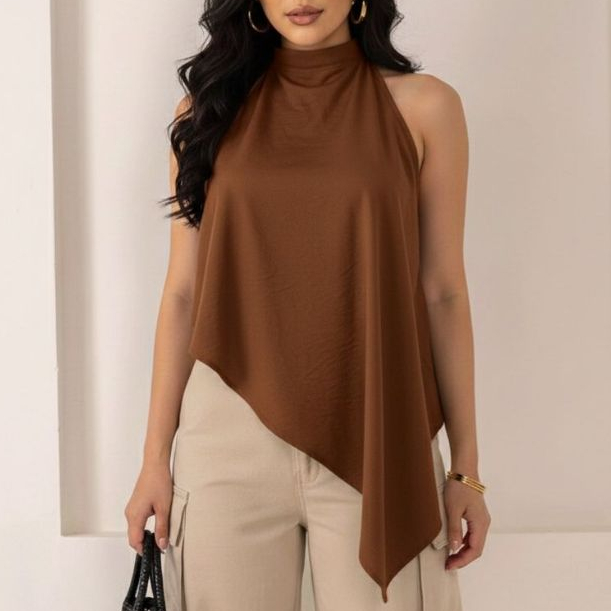 Blusa Feminina Bata Frente Unica Assimétrica Amarração no Pescoço Tecido Crepe Duna Elegante Casual