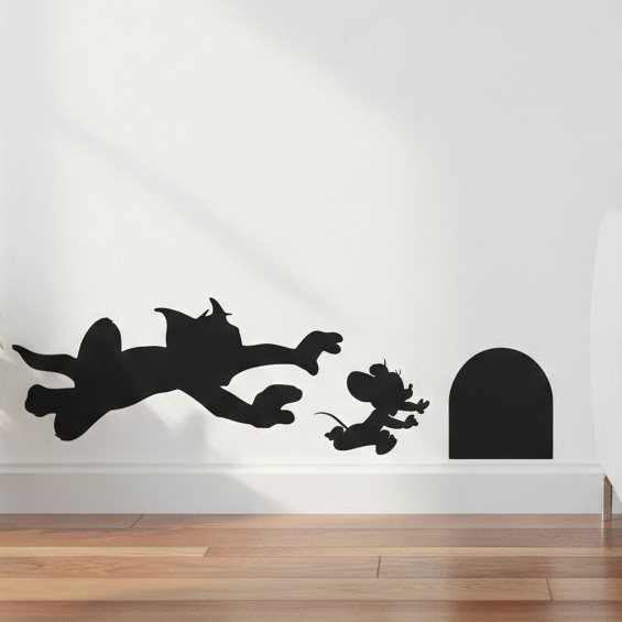 Kit Decoração Criativa Tom & Jerry: Silhuetas em MDF para Canto de Parede e Rodapé