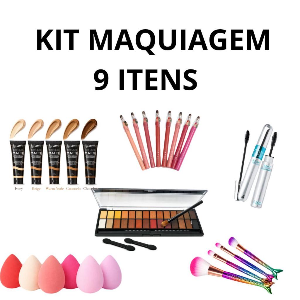 Kit Maquiagem Completo Paleta sombra+Base+lápis Batom+Pincéis+esponja gota, rímel 2 em 1
