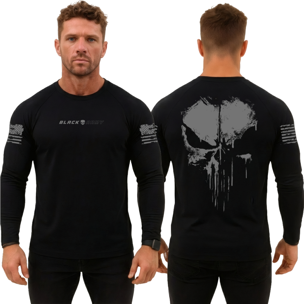 Camiseta Dry Fit Manga Longa Masculina Caveira Justiceiro das Sombras Black Army em Oferta na Shopee