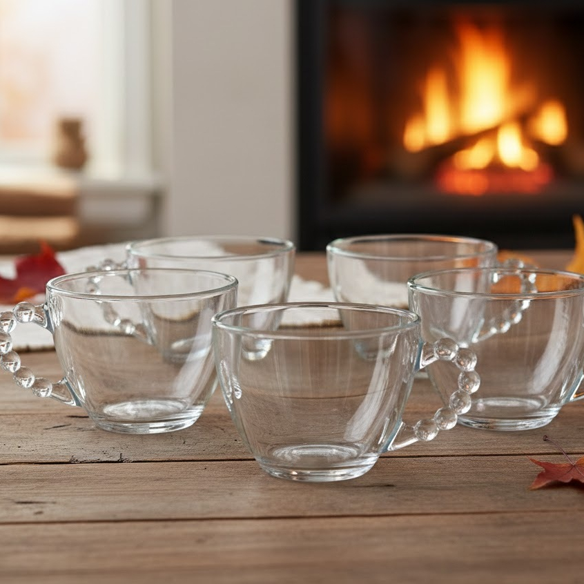 Jogo Xícara Café Chá 06 Peças 220 ml Vidro, Bubble Redonda Com Alça Trabalhada Transparente