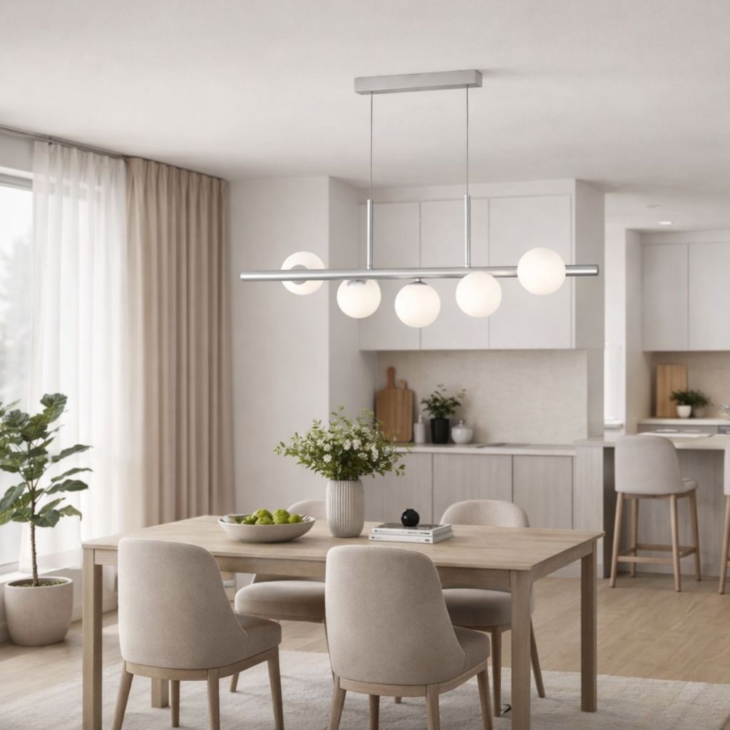 Luminária Lustre de Teto Pendente Jabuticaba Prata 5 Globos em Vidro base Alumínio G9 Cabos Reguláveis 2metros Para Sala