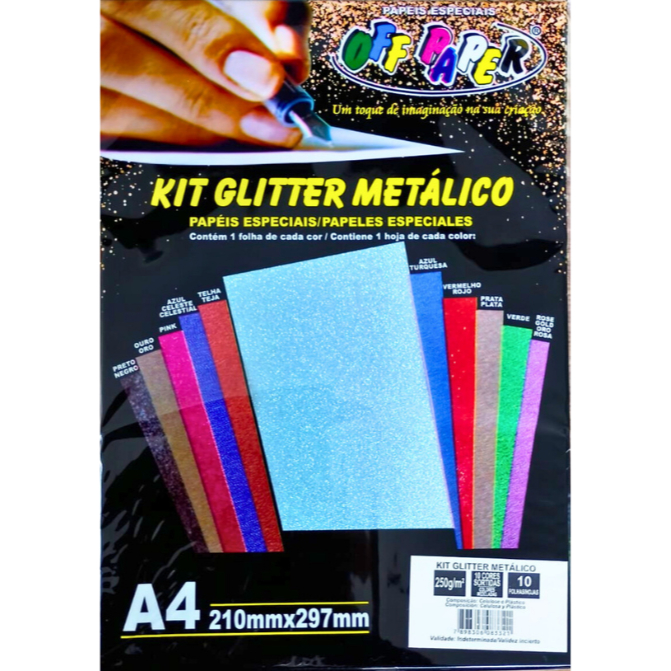 Kit Papel Glitter Metálico A4 250g 10 cores Off Paper
