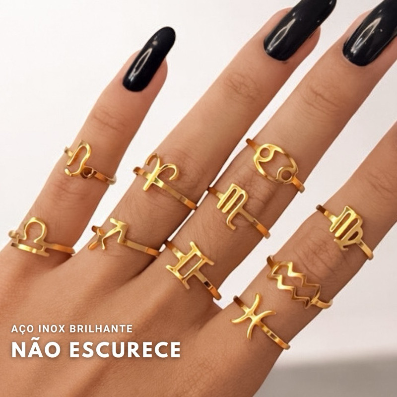 Anel Signo ajustável Delicada Ouro Aço inoxidável pé não escurece Hipoalergênico Corrente feminino Zodíaco em Oferta na Shopee