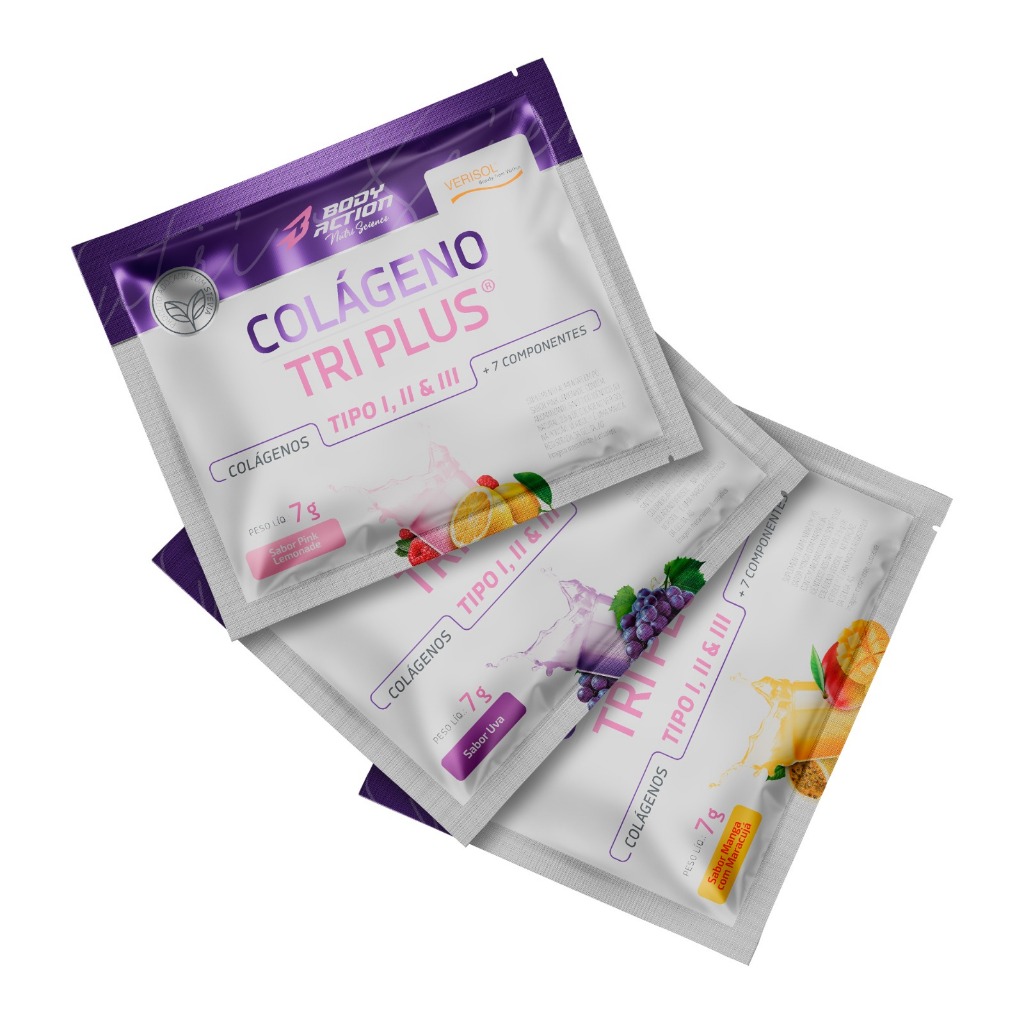 Kit 3x Colágeno Verisol Tri Plus Tipo 1 Tipo 2 e 3 - Sachê Dose Única 7g Bodyaction