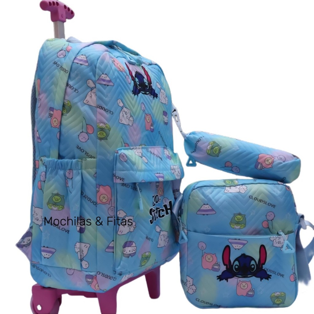 Mochila Infantil com Rodinha + Lancheira + Estojo Stitch Azul Escolar em Oferta na Shopee