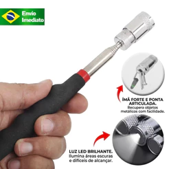 Caneta Magnética Telescópica Pegador De Objetos Com Lanterna Vareta De Coleta Porcas Parafusos