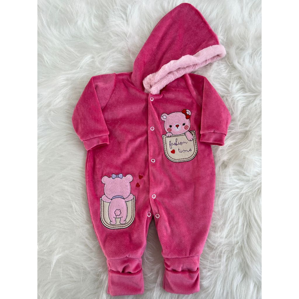 Macacão Capuz Bebê Plush Baby Bordado Infantil Menina Enxoval Inverno