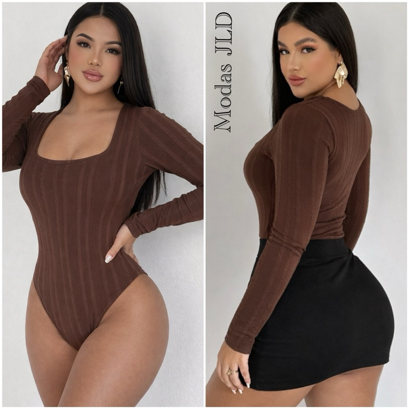 Body Casual Femenino Decote Quadrado Manga Comprida para Mulheres
