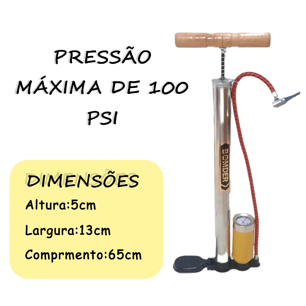 Bomba De Ar 620mm encher Pneu Bicicleta Bike Moto Bola em Aluminio com Manometro Bico Fino e Grosso