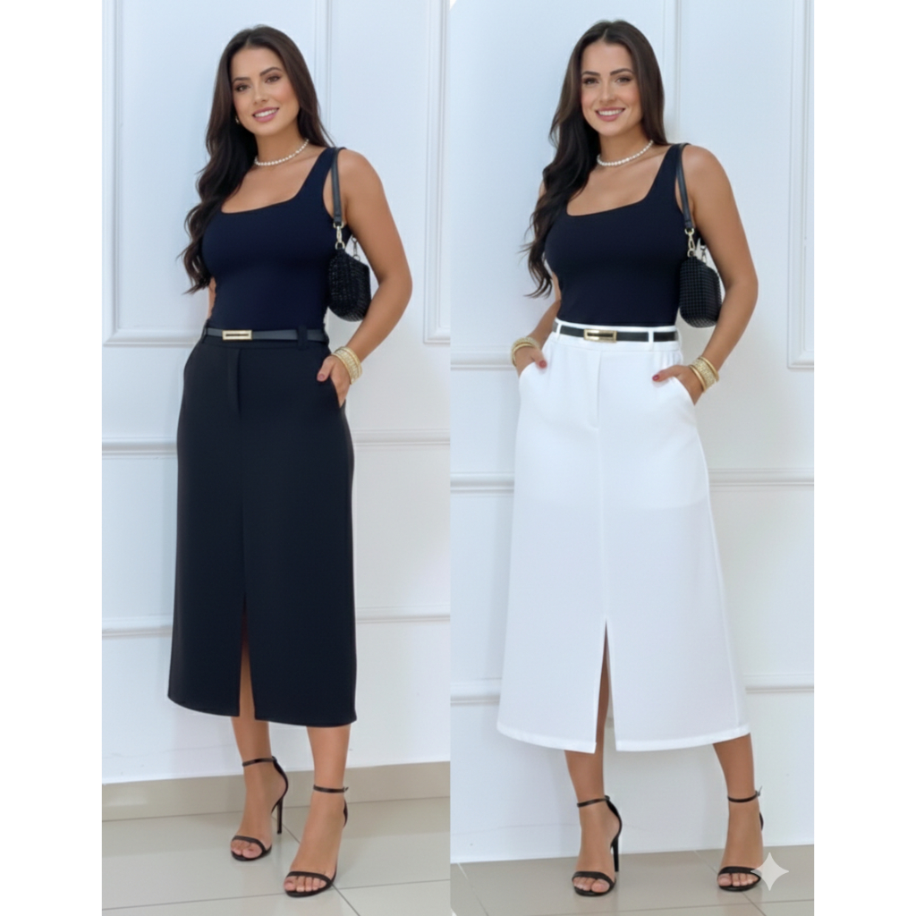 Kit 2 Saias Alfaiataria Midi Bolso Faca Lateral Com Cinto em Oferta na Shopee