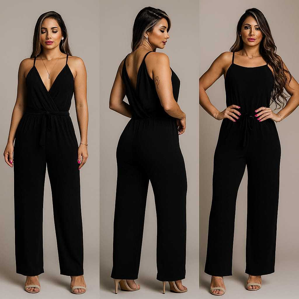 Macacão  Envio Rápido longo dois decotes V, gola quadrada, estilo, conforto, versatilidade em um peça