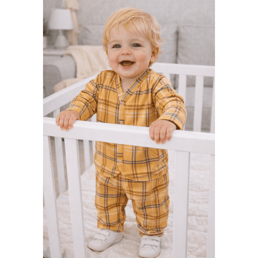Conjunto Bebê Infantil Meia Estação Amarelo Estampa Xadrez Menino Menina