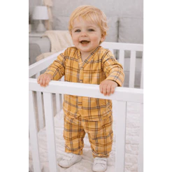 Conjunto Bebê Infantil Meia Estação Amarelo Estampa Xadrez Menino Menina
