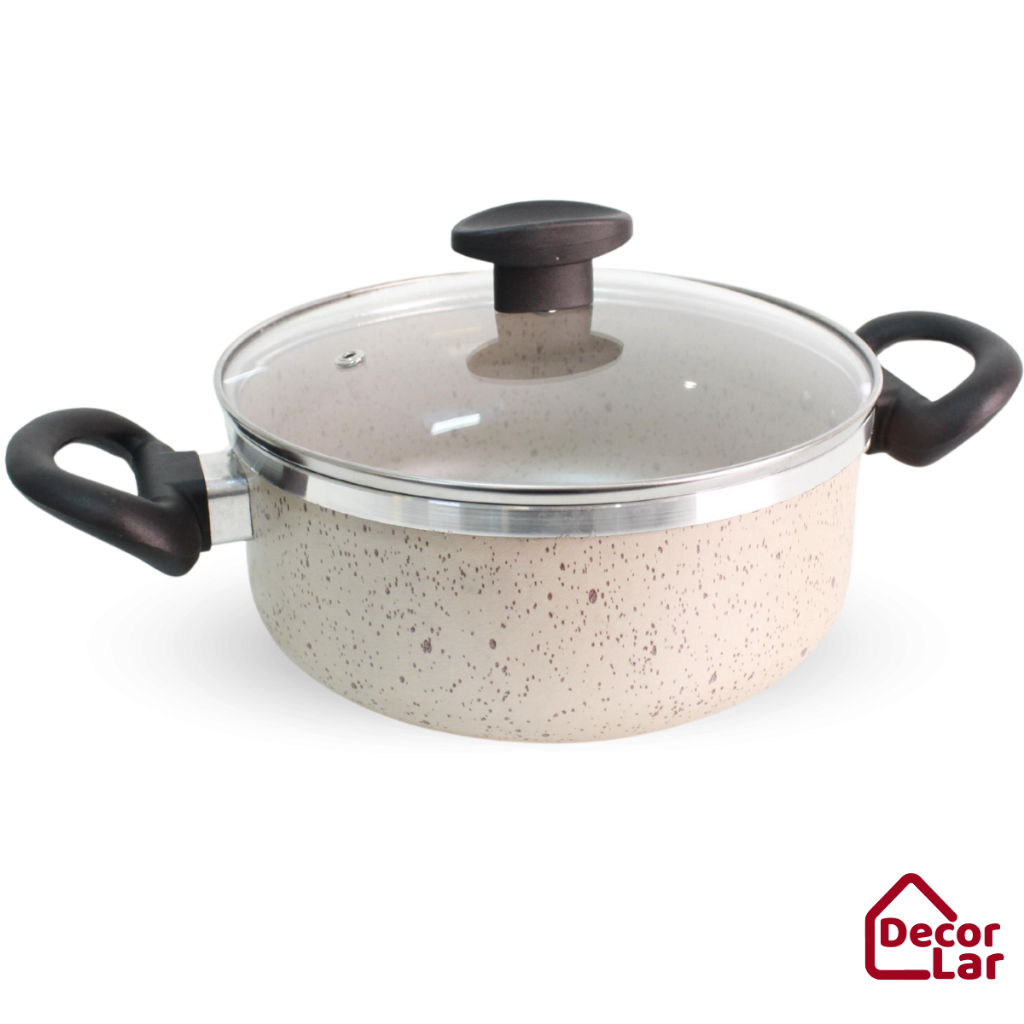 Caçarola Antiaderente com Tampa de Vidro Bege Marmorizado Teflon escolha o tamanho disponível