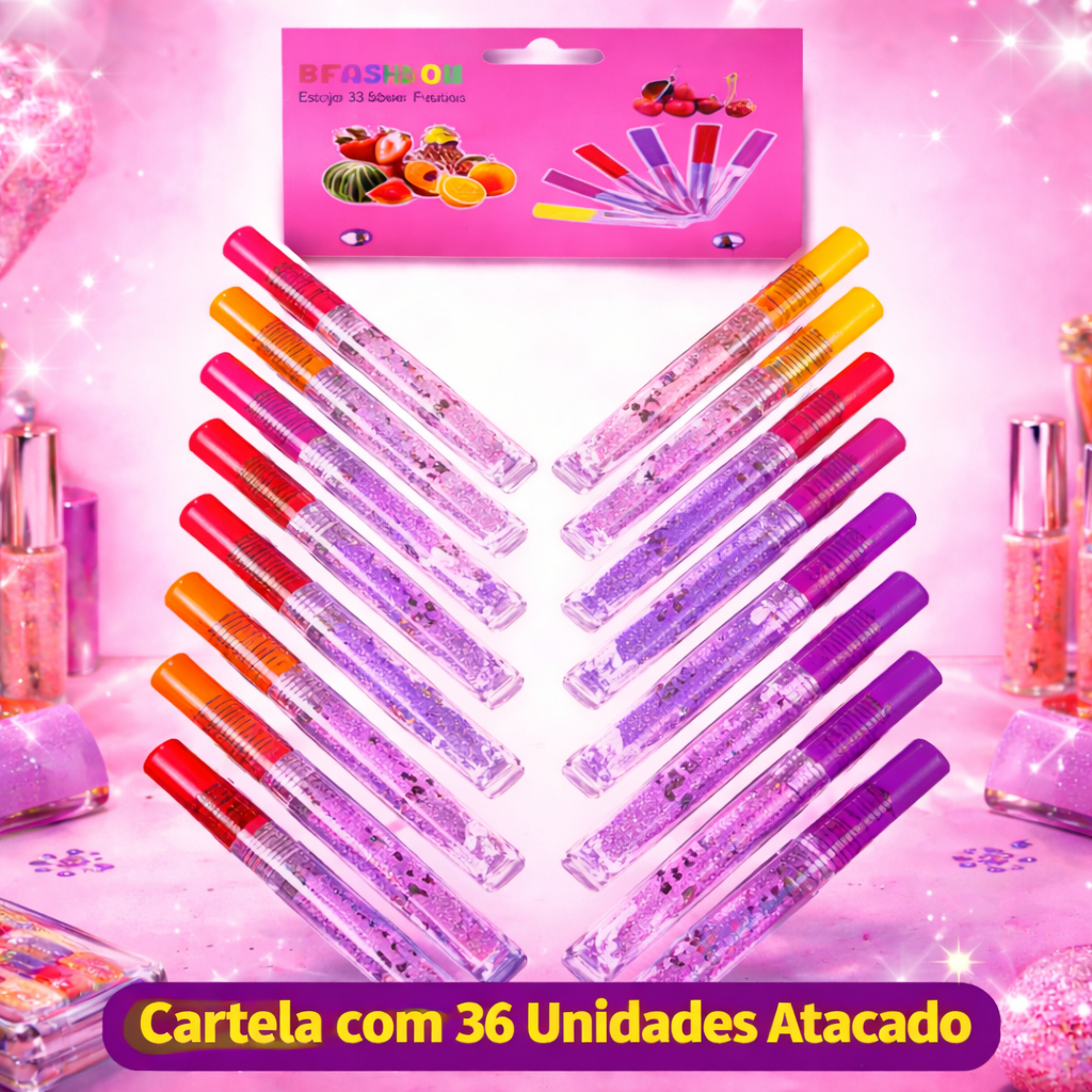 Kit C/36 Cartela Gloss Labial Tutti-Fruit Bfashion Bella Femme Gloss Infantil Atacado Revenda