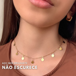Colar medalhinha medalha Dourado Choker Feminino Elegante Aço Inoxidável Hipoalergênico Delicado Não Escurece Aço Inox