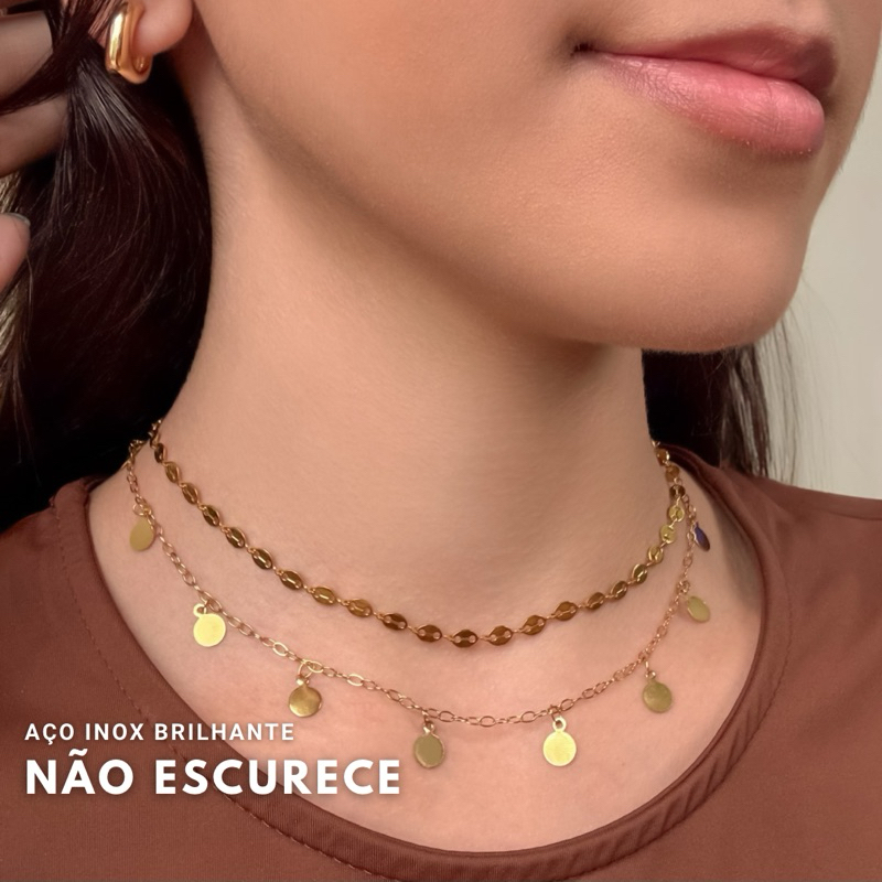 Kit 2 Colar Choker Feminina Aço Inox Medalhinha E Elos Ovais Dourado