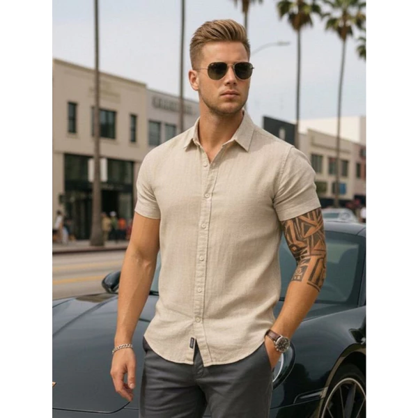 Camisa Linho Masculina Social Gola Italiana Casual Luxo Elegante Premium Manga Curta