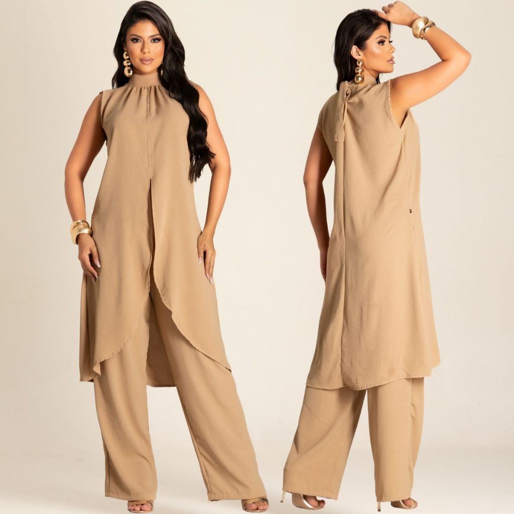 ⁠Conjunto Feminino Blusa Calça e Pantalona Tecido Crepe dunas Elegante Perna Larga Wide Leg em Oferta na Shopee