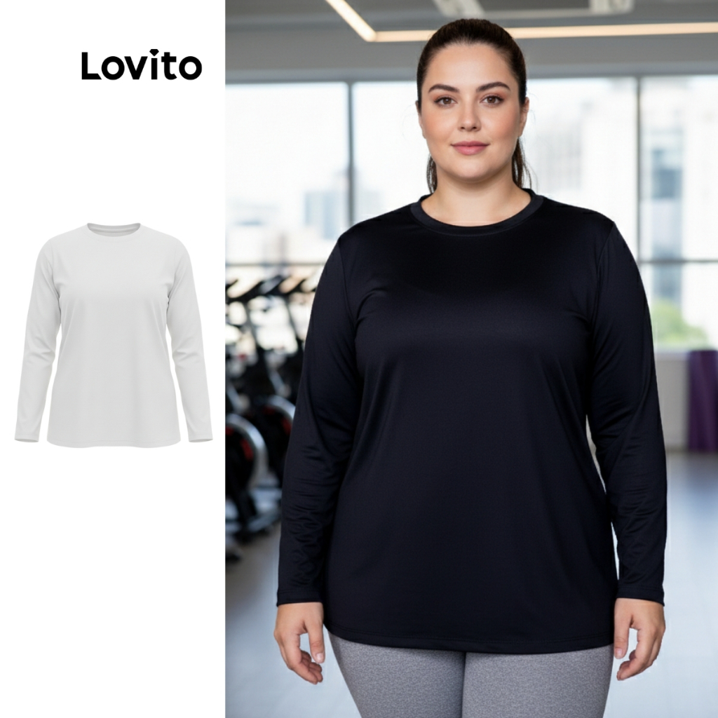 Lovito Plus Size Camiseta Feminina Esportiva De Manga Longa Proteção UV SEB1284BRL1314
