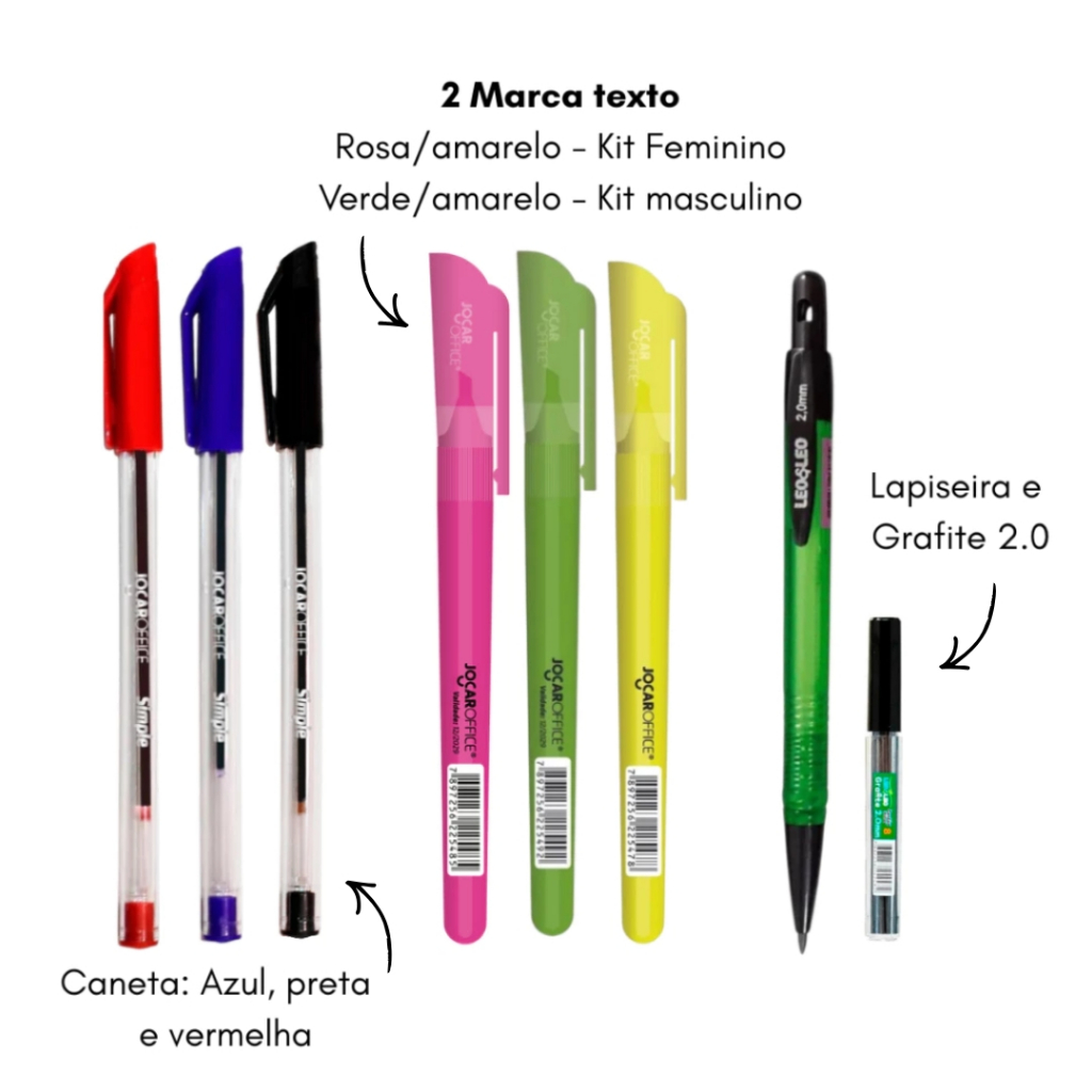 Kit Volta ás Aulas Material Escolar Completo Lapis de Cor Hidrocor Caneta Apontador Borracha Juvenil