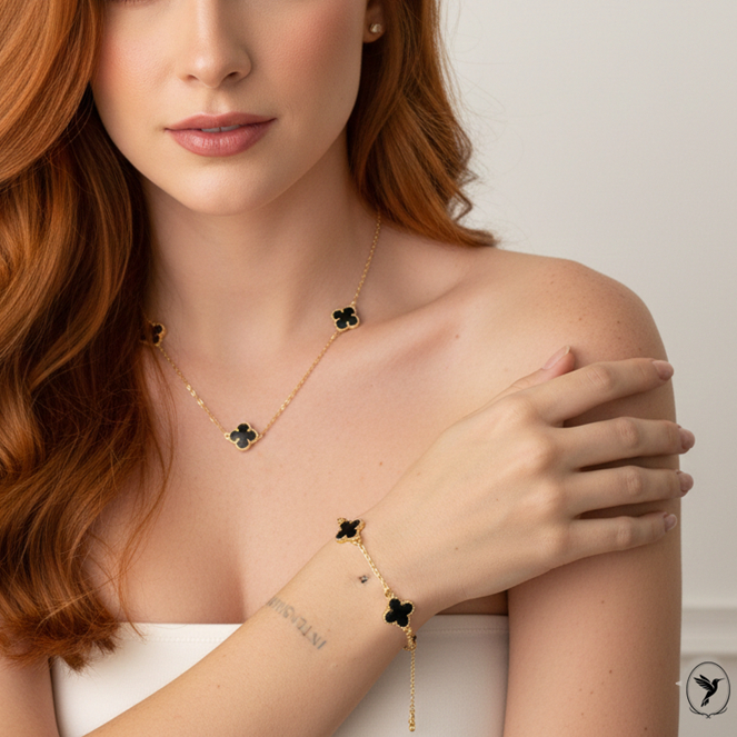 Conjunto Colar e Pulseira Trevo Virginiaa Neymarr Dourado e Preto Folheado a Ouro em Oferta na Shopee