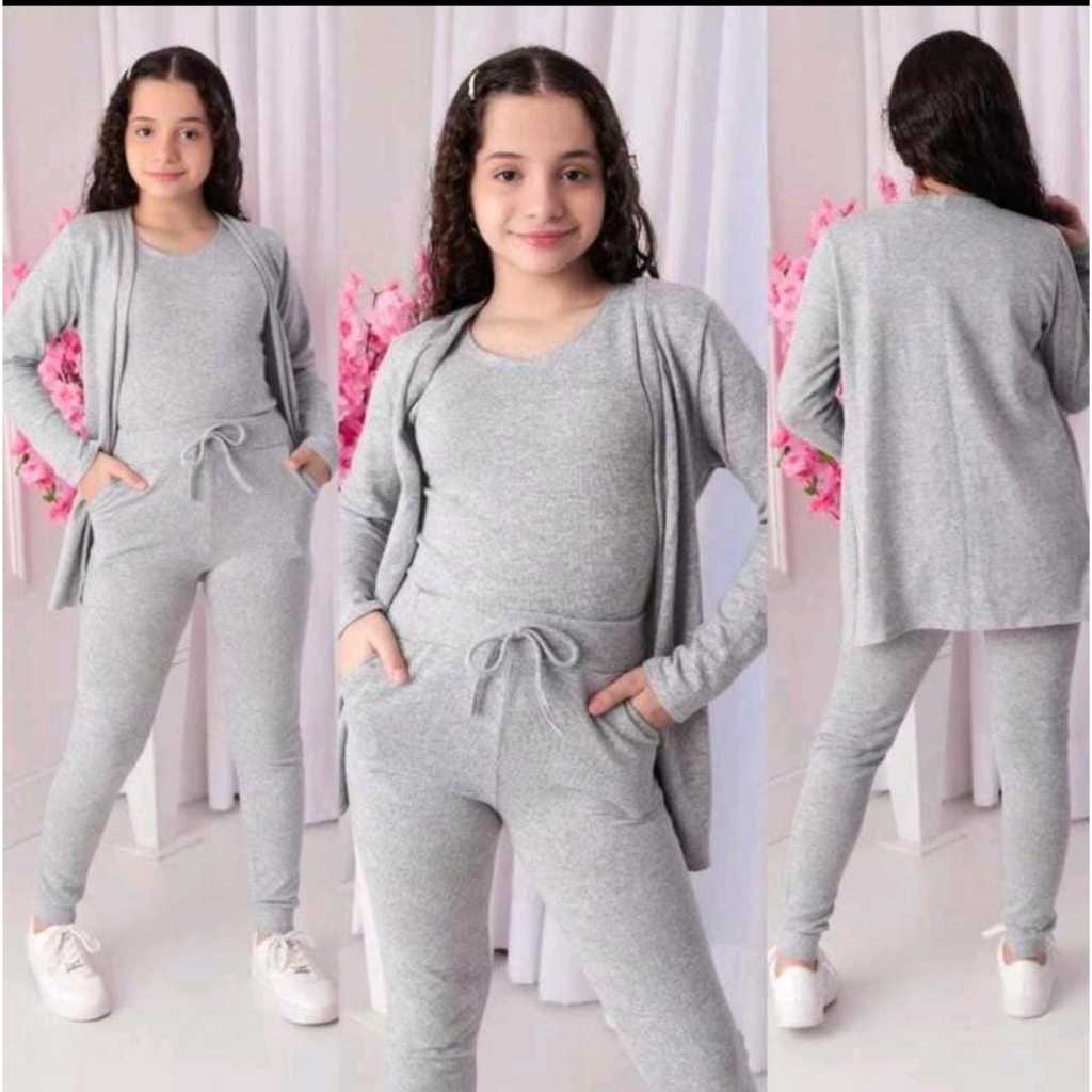 Conjunto Lanzinha Infantil Feminino com 3 peças Calça, Camiseta regata e Blusa Cardigan em Oferta na Shopee