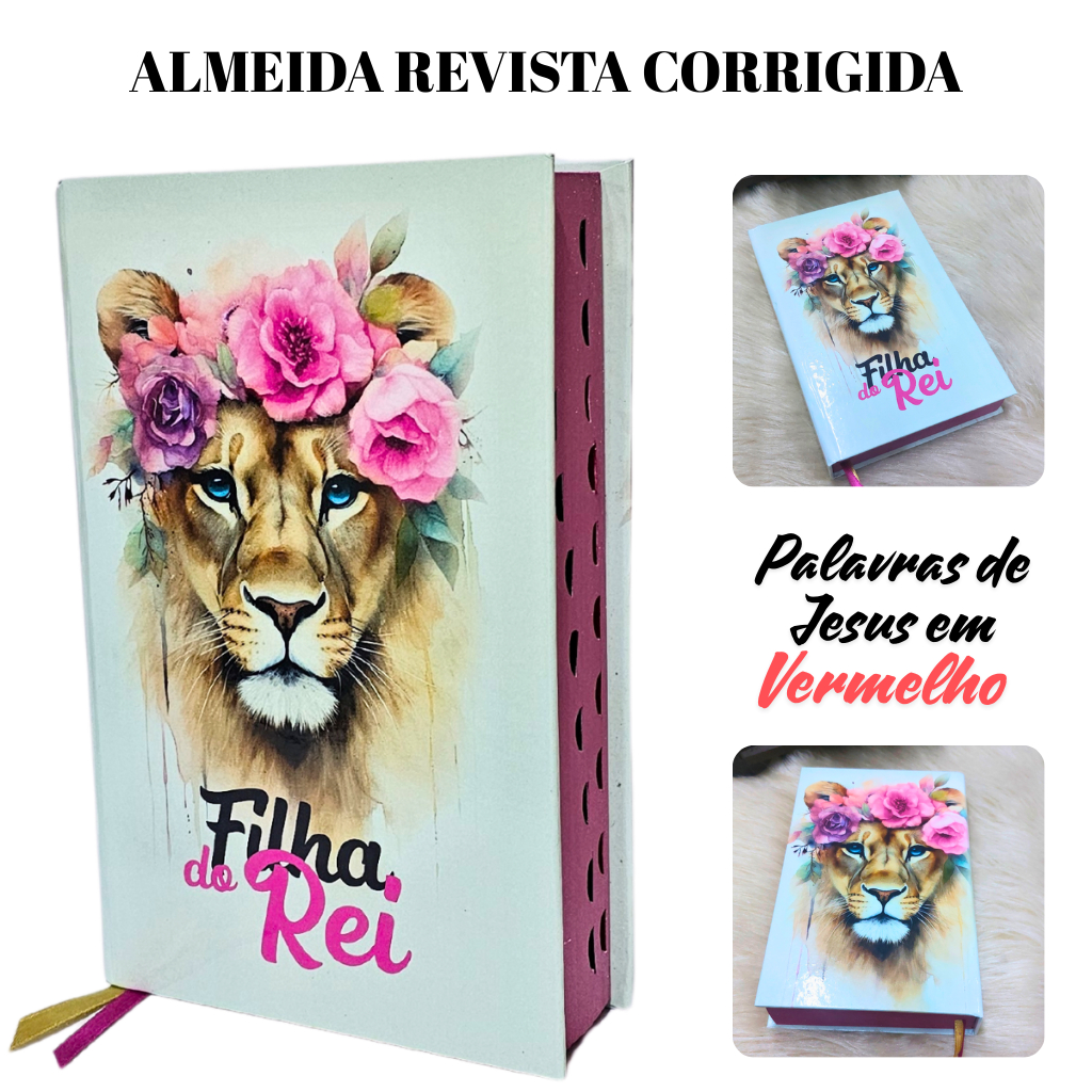 Bíblia Sagrada Feminina Luxo Leão Flores Capa Dura Palavras de Jesus em Vermelho Revista Corrigida