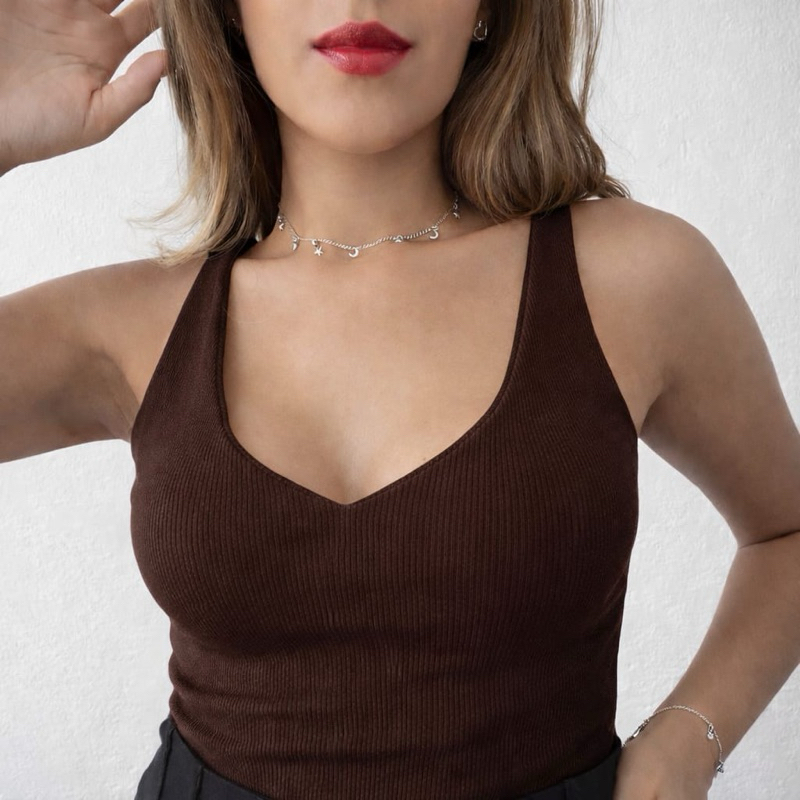 Blusinha Regata Ribana Canelada Forrada Decote em V Modinha Blogueira Basico Casual