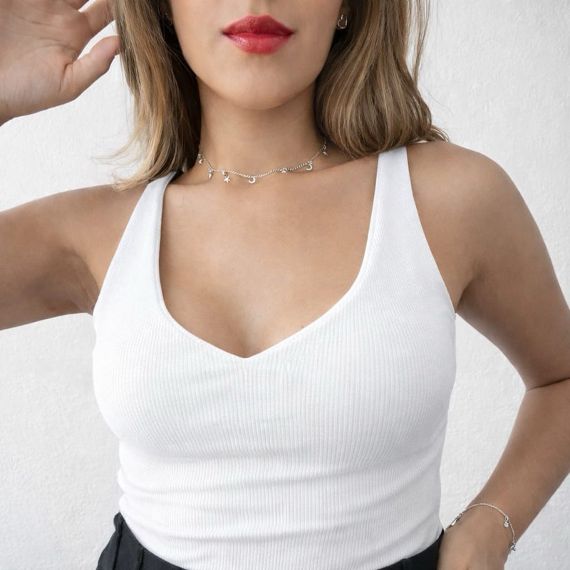 Blusinha Regata Ribana Canelada Forrada Decote em V Modinha Blogueira Basico Casual — imagem 2 de 2