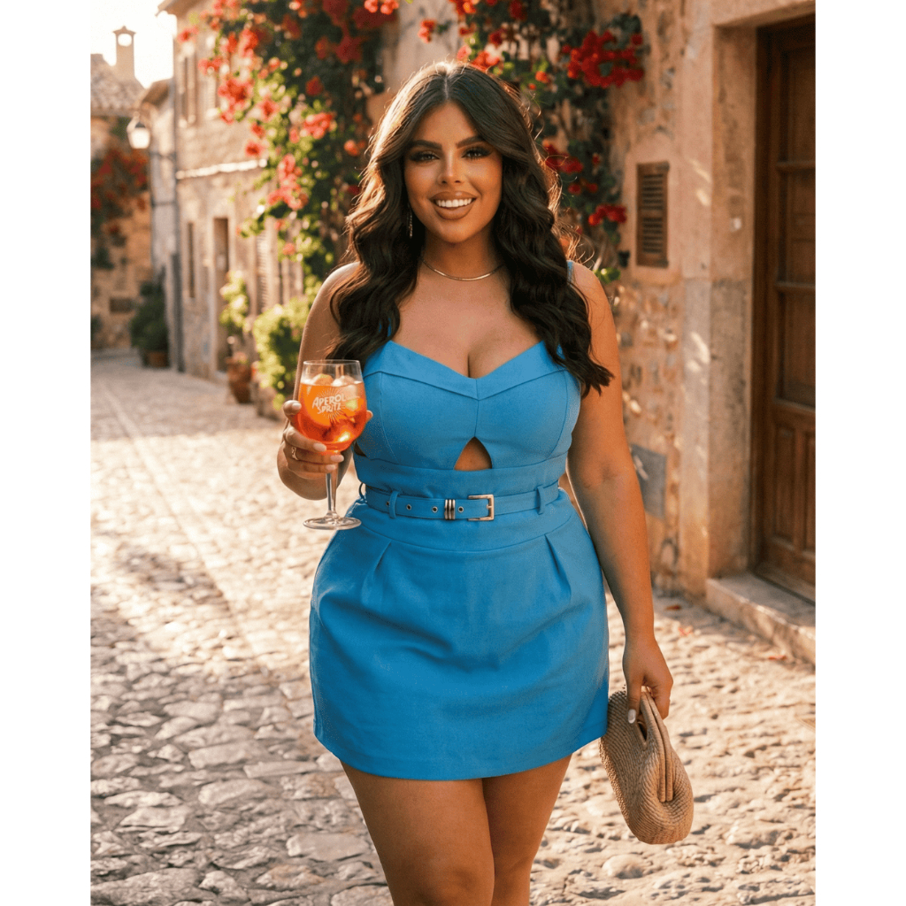 Macacão Feminino Plus Size Short Saia com Recortes Laterais – Scuba Premium Estilo Alfaiataria