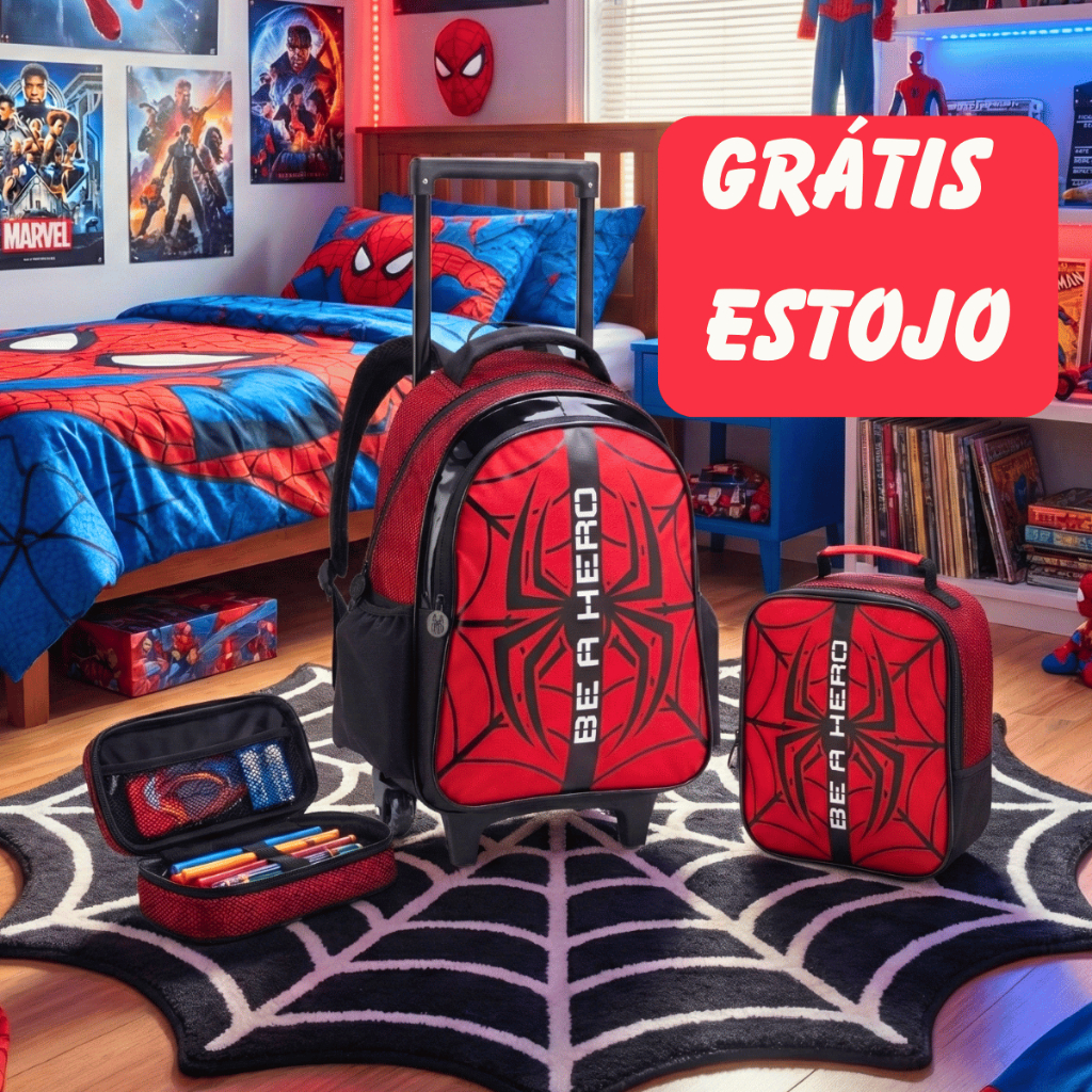 Kit Escolar Completo Mochila Rodinhas Grande + Lancheira + Estojo Be a Hero Red Menino Aranha Spider