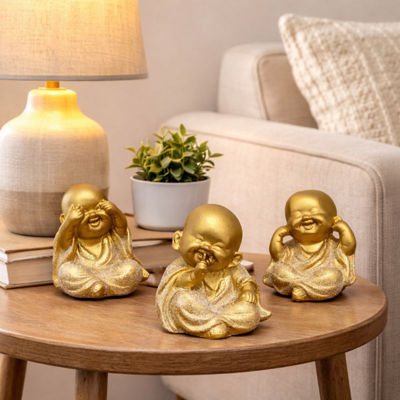 Kit C/3 Buda Sabios DOURADO TOTAL C/ GLITTER Cego Surdo Mudo Enfeites Decoração Presente
