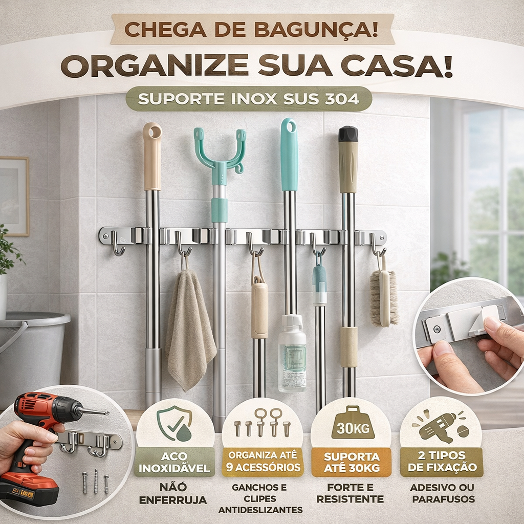 Suporte Vassoura Inox Parede 9 Acessórios Porta Vassoureiro Organizador com Ganchos em Oferta na Shopee
