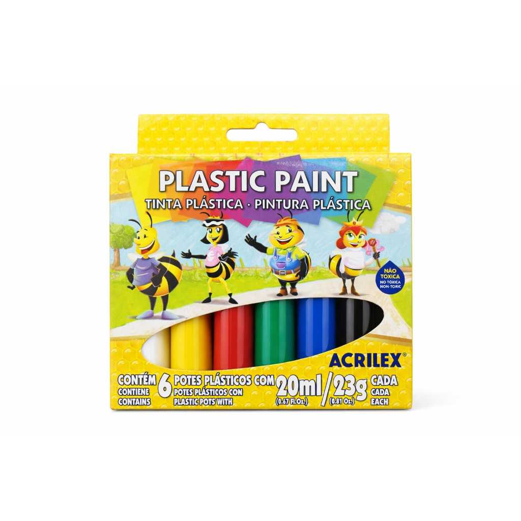 Kit Tinta Plástica Acrilex Plastic Paint com 6 Cores – 20ml Não Tóxica Infantil