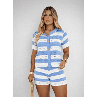 Conjunto Tricot Listrado Feminino Camisa Polo Com Botão + Shorts Forrado Moda Verão Confortáve em Oferta na Shopee