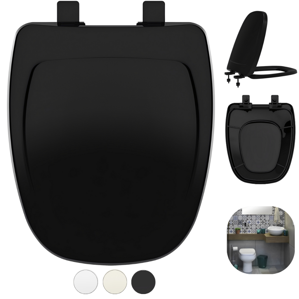 Assento Tampa Vaso Monte Carlo Deca Polipropileno Reforçado + Higiênico Ebano Preto 1.6gpf 6lpf