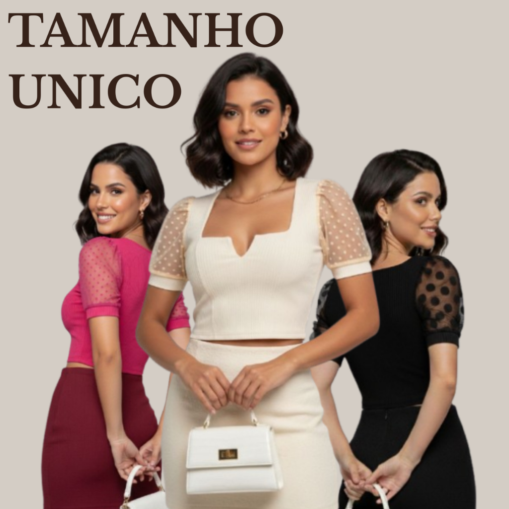 Cropped Canelado Manga Princesa Tule Poá Com Bojo - Moda Feminina Verão  Casual e Tendência 2026 Preço Elegante Blusinha