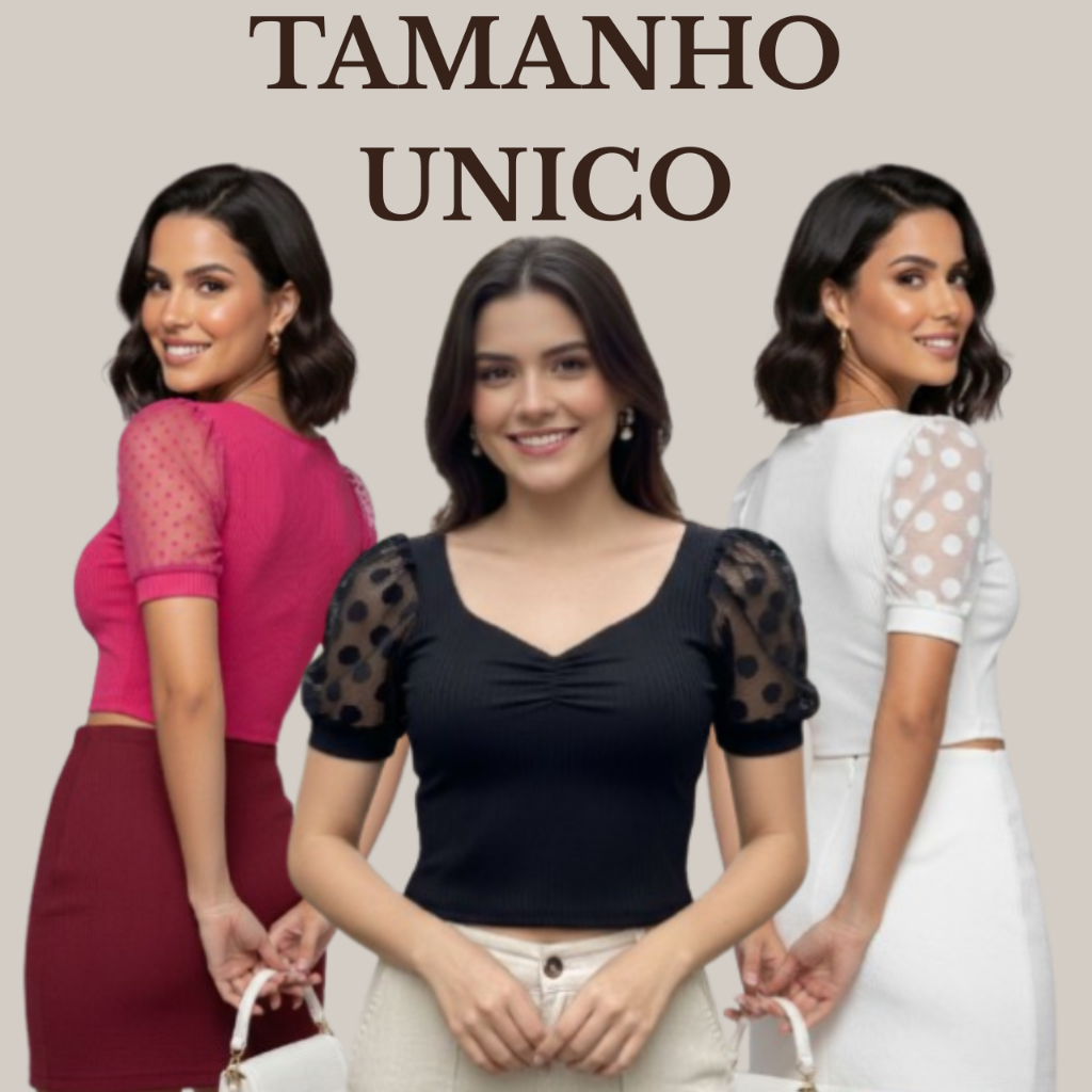 Blusa Feminina Manga Princesa Tule Poá Cropped Canelado Off White Elegante Romântica Moda Gringa Tendência Blogueira2026