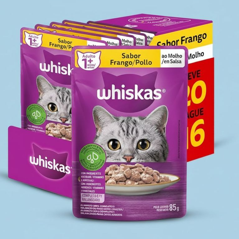Whiskas Sabor FRANGO ao Molho para Gatos Adultos - Ração Úmida. LEVE 20 e PAGUE 16