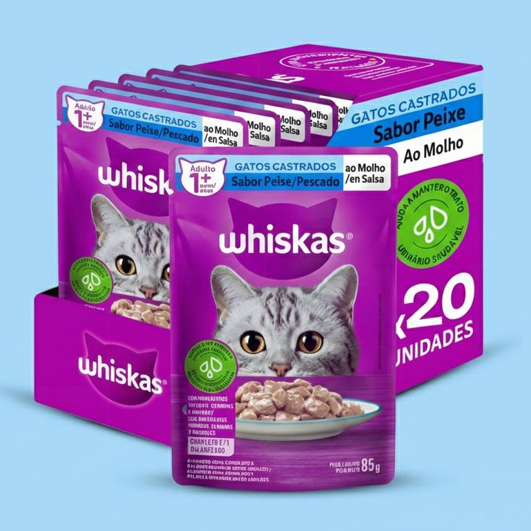 Whiskas Gatos CASTRADOS Sabor PEIXE Caixa com 20 unidades 85g. Alimento Úmido