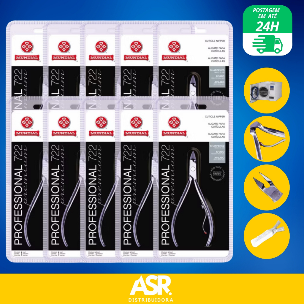 Kit 10 Alicates De Cuticula Original Profissional Mundial 722 Pré Amolado de Fábrica
