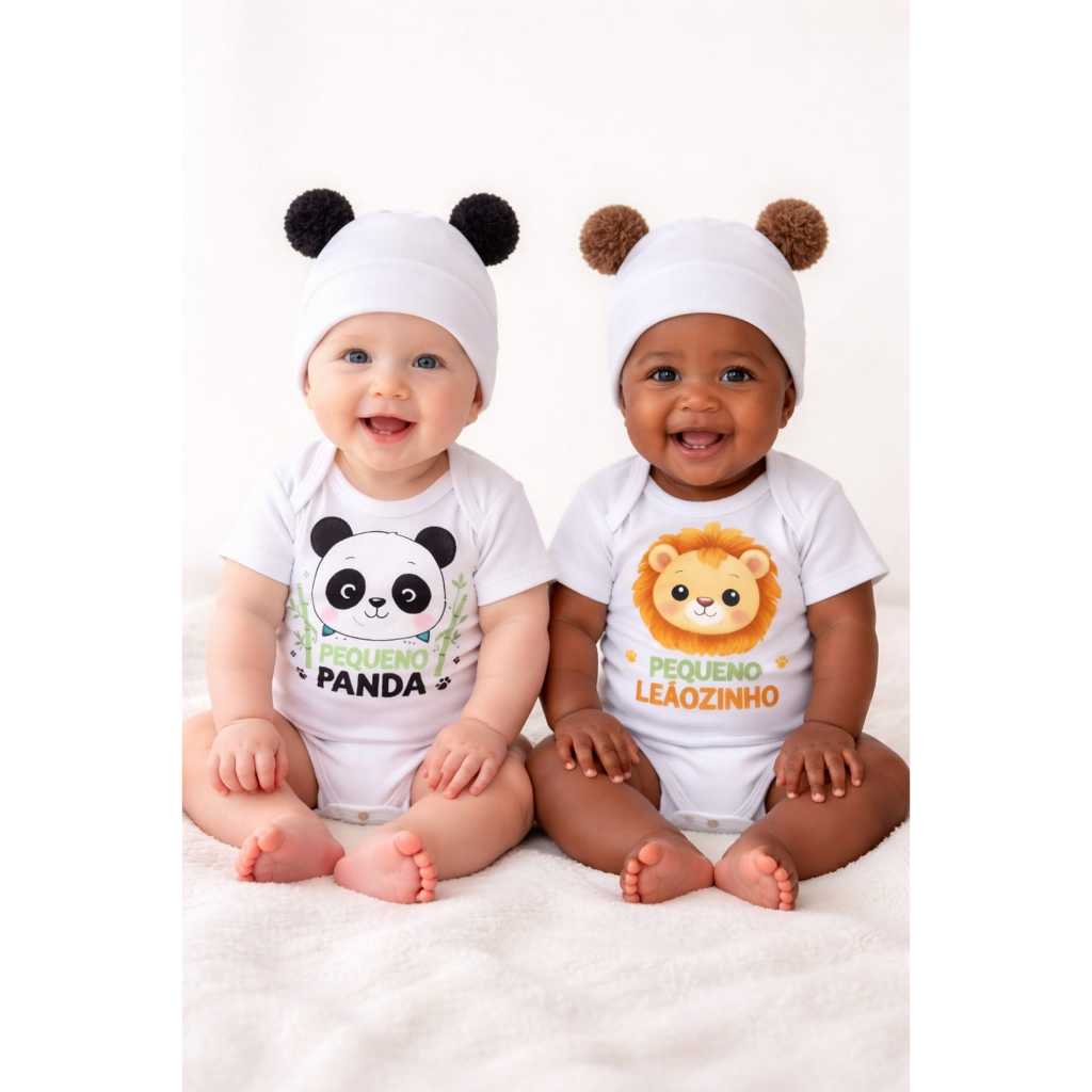 KIT 4 PEÇAS - BODY PANDA E TOUCA COM POMPOM PRETO + BORE LEÃOZINHO E TOUCA COM POMPOM MARROM KIT SAFARI P/ BEBE