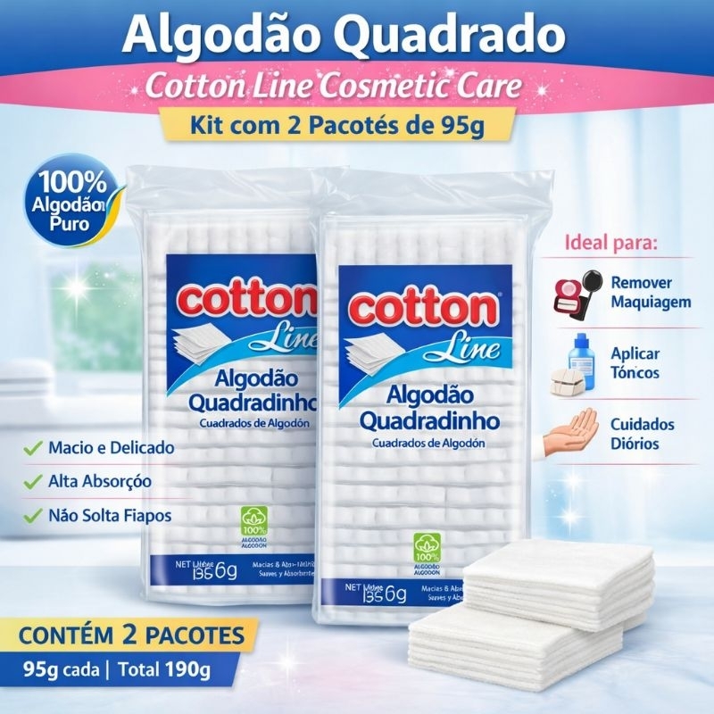 Algodão Quadrado Hidrófilo Cotton Line 95g – Kit com 2 Pacotes Cosmetic Care