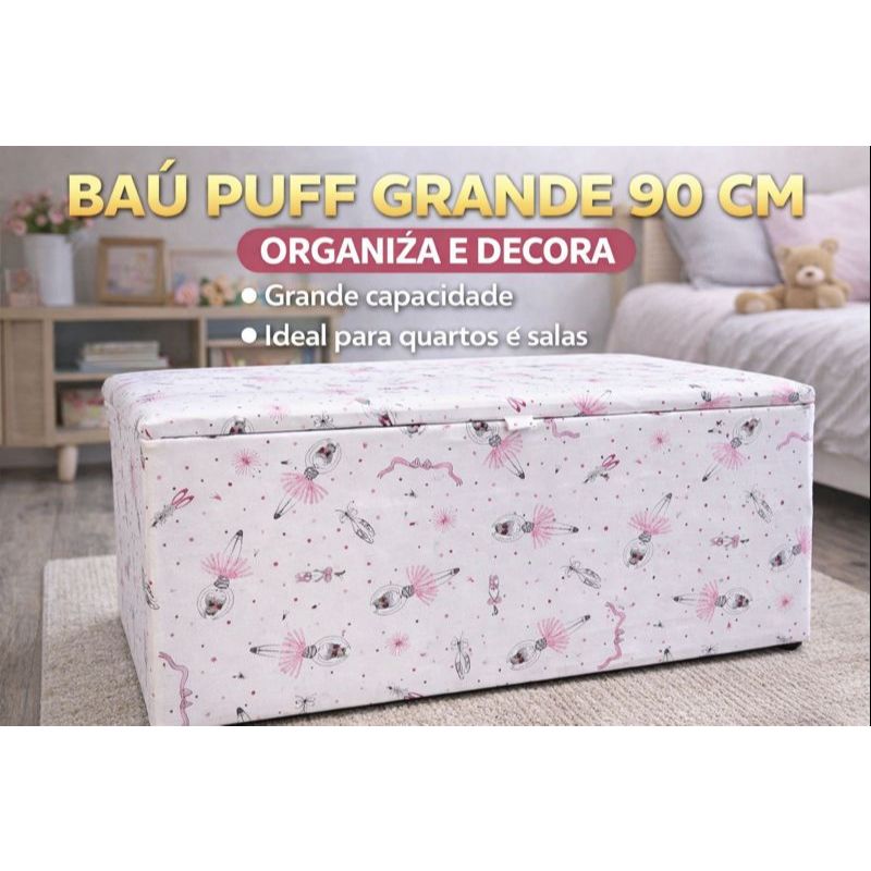 Baú Puff Grande 90cm Multiuso Organizador Assento e sapateira para Salas e Quartos
