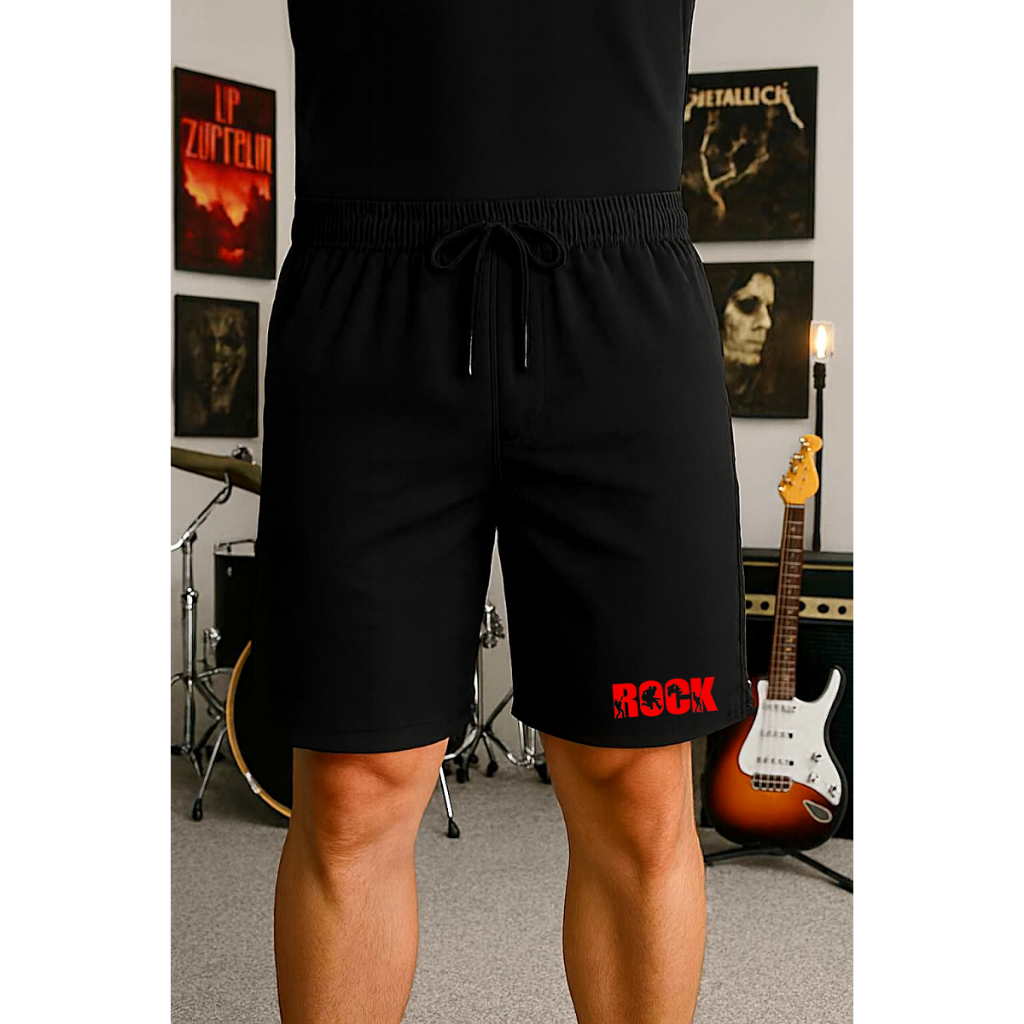 Bermuda Short Banda Rock Show Metal Masculino Tactel Elastano Preto confortavel tecido elastano cordao