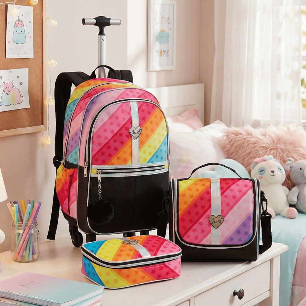 Kit Escolar Mochila Rodinhas 360 Brilhante Juvenil com bolsa térmica e estojo Pré Adolescente Jovem